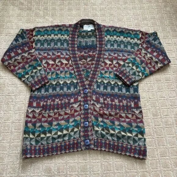 VTG Peruvian Connection 100% Alpaca Art To Wear Cardigan Sweater Medium Colorful - Picture 1 of 9